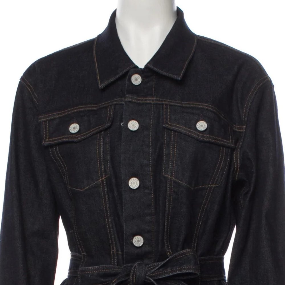 Trave Blue Pointed Collar Flap Pockets Button Closure Belted Denim Jacket Small - Picture 6 of 12